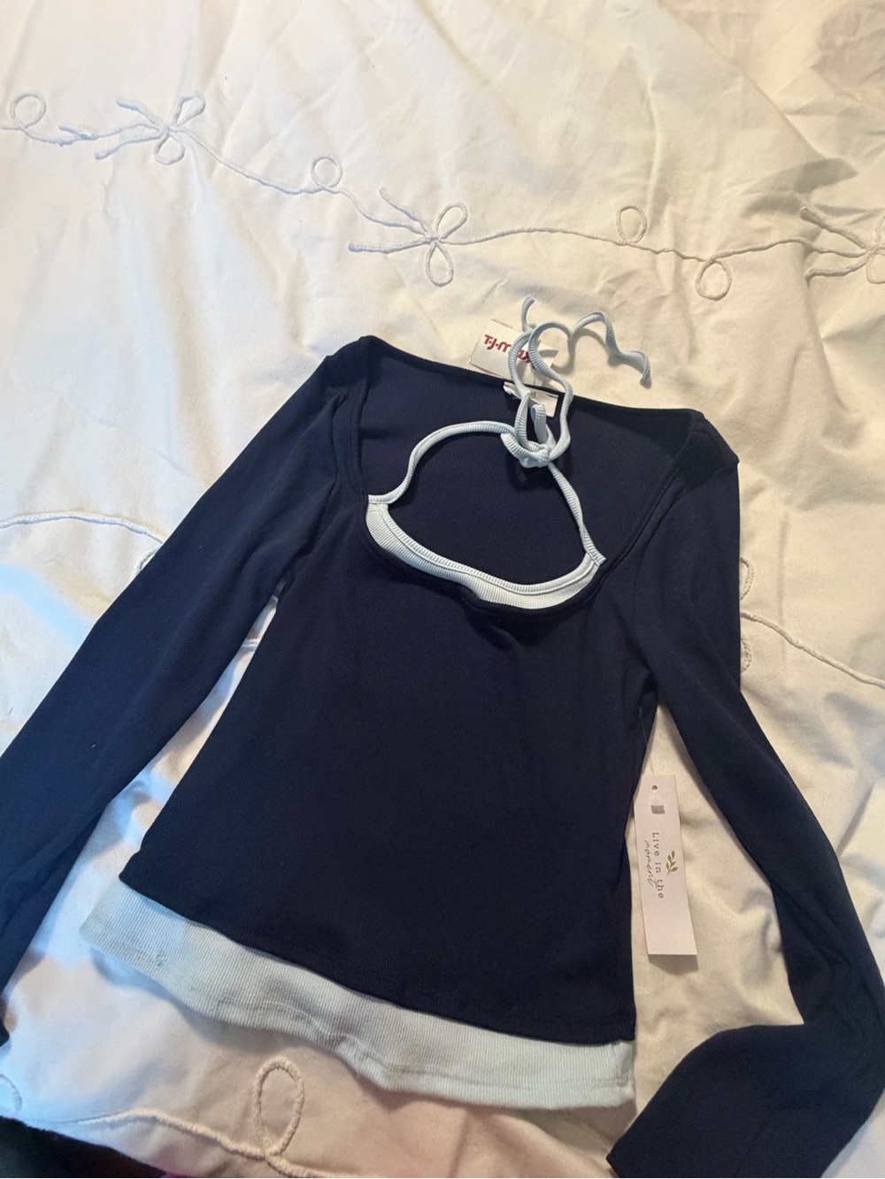 Navy Long Sleeve Top with Light Blue Trim